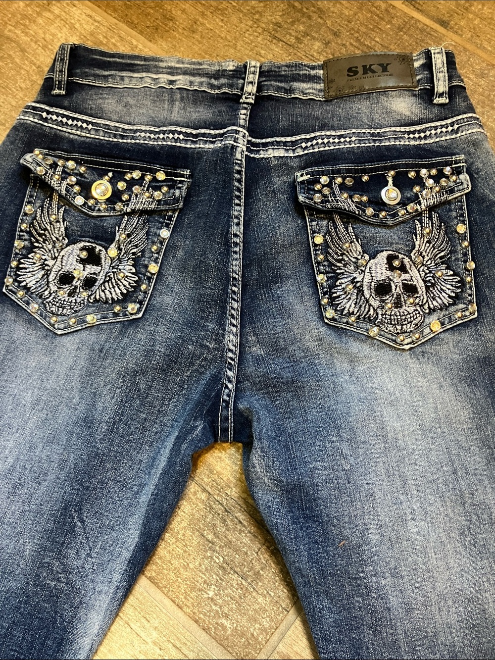 SKY  SKULL JUNIOR  Dark Indigo Flare Jeans with Embroidered SKULL Pockets
